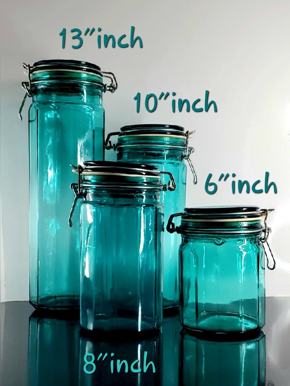 80s 4pc Set Teal Peacock 2-Paneled Glass Canisters Jars New Seals Bale Closures